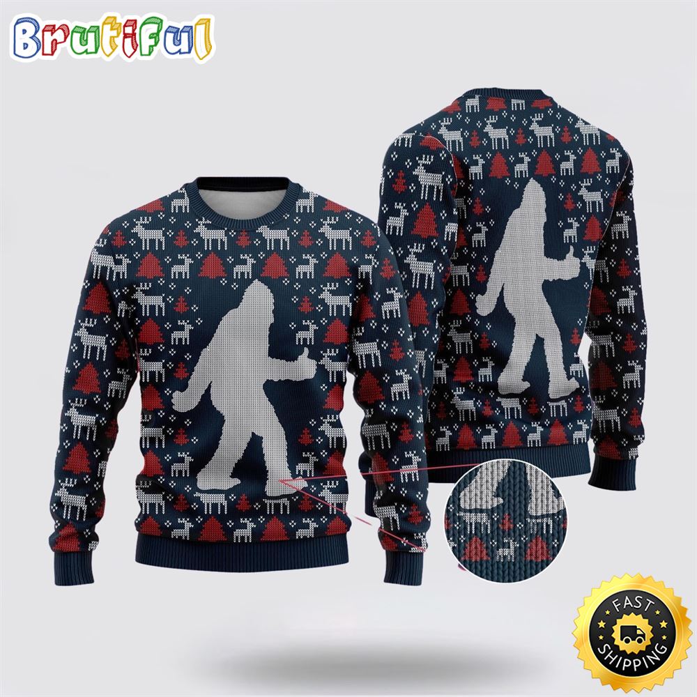 Sportswearmerch Bigfoot Reindeer And Pine Tree Motifs Blue Pattern Christmas Sweater For Fan