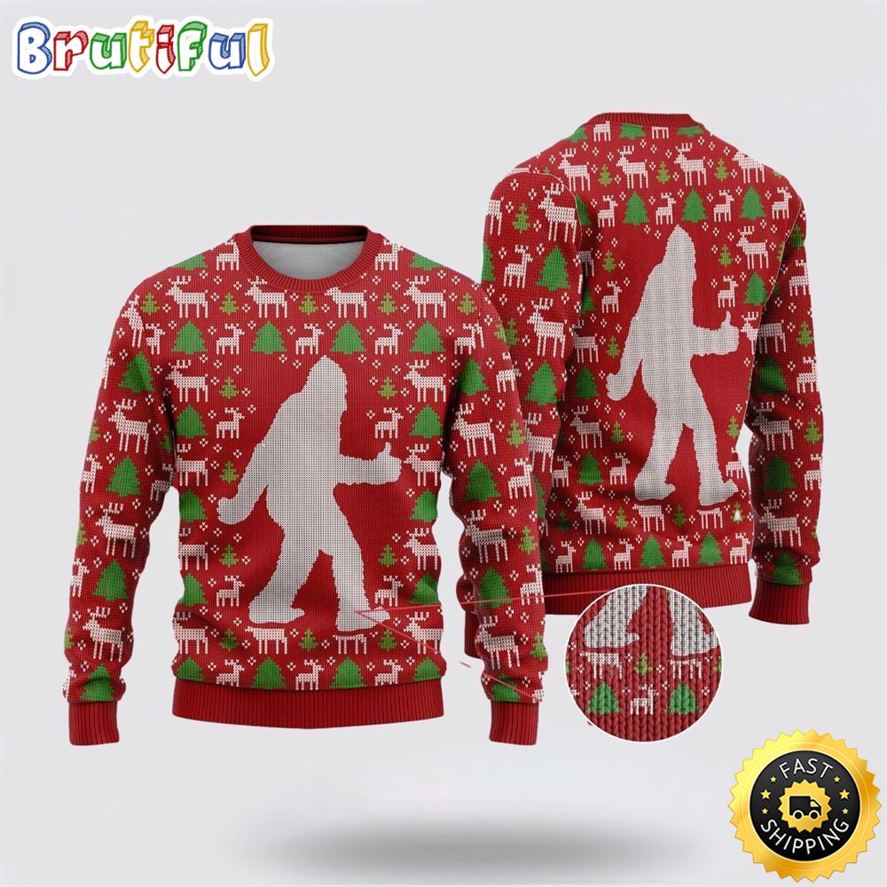 Sportswearmerch Bigfoot Reindeer And Pine Tree Motifs Christmas Sweater For Fan