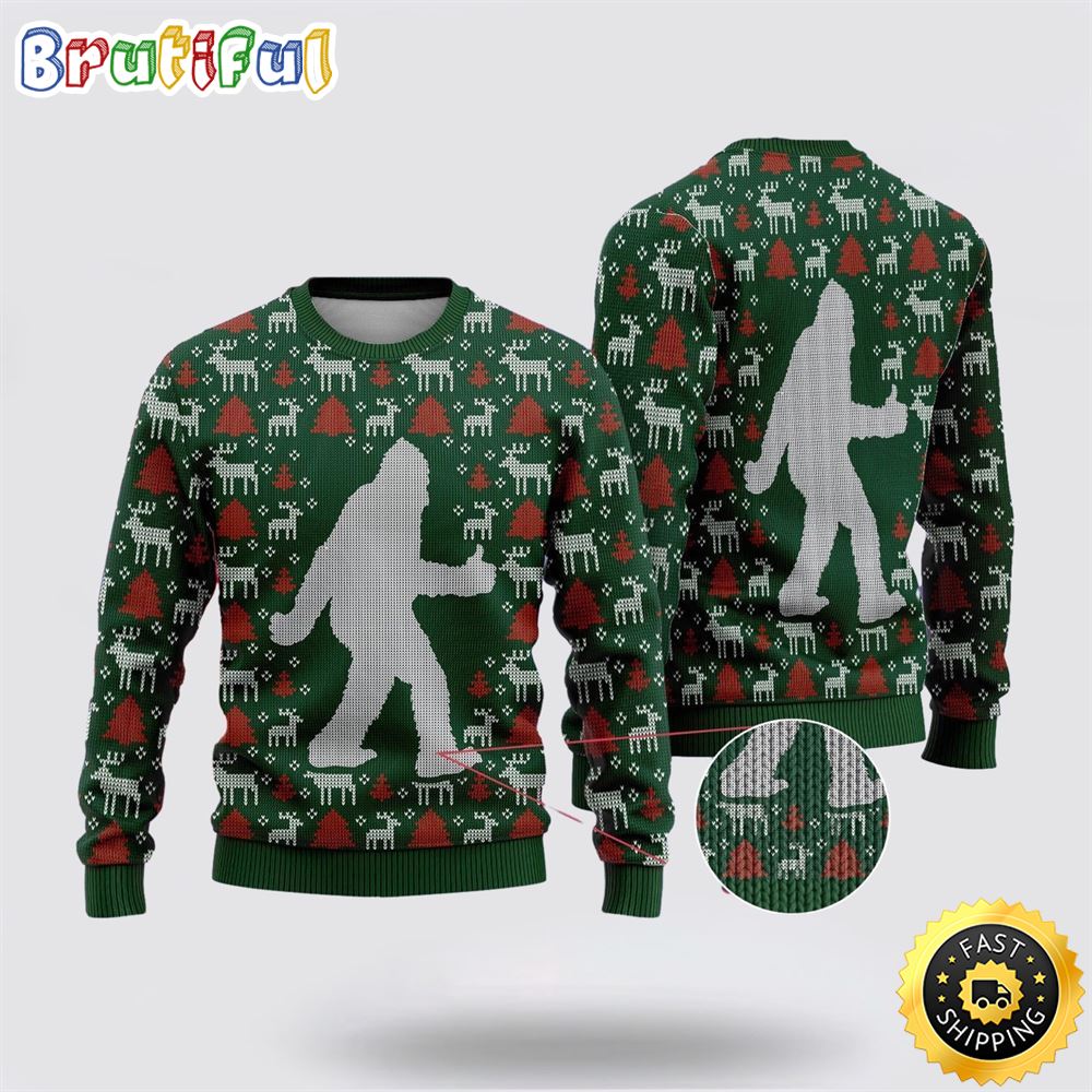 Sportswearmerch Bigfoot Reindeer And Pine Tree Motifs Green Pattern Christmas Sweater For Fan