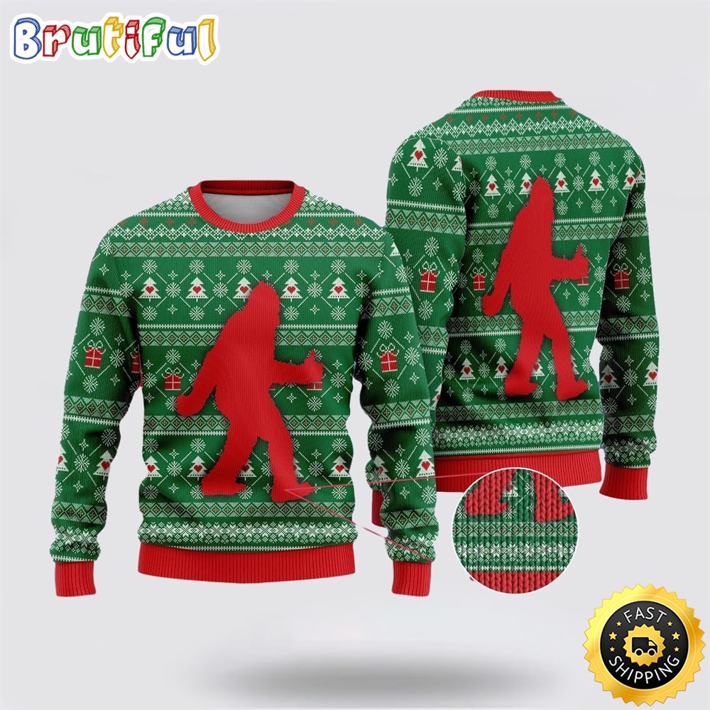 Sportswearmerch Bigfoot Sasquatch Funny Green Pattern Christmas Sweater For Fan