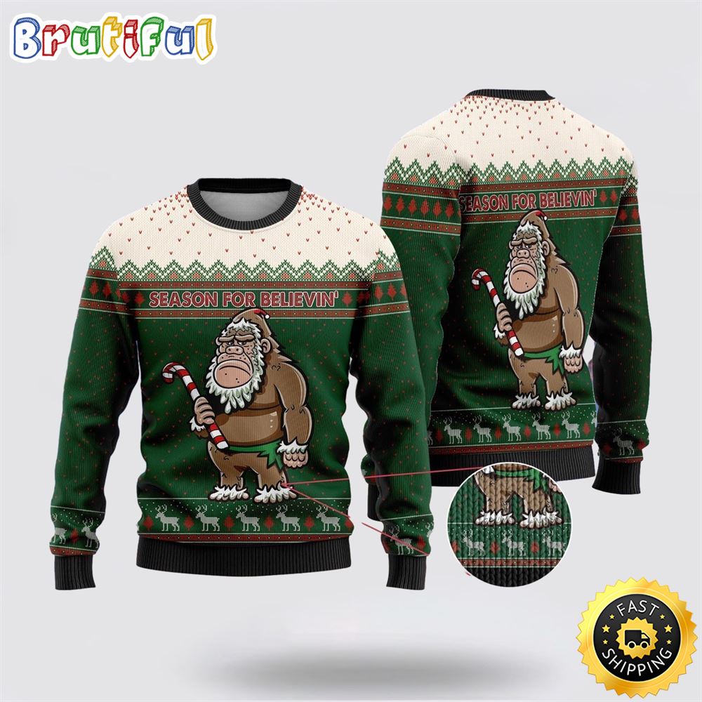 Sportswearmerch Bigfoot Season For Believin Green And White Pattern Christmas Sweater For Fan