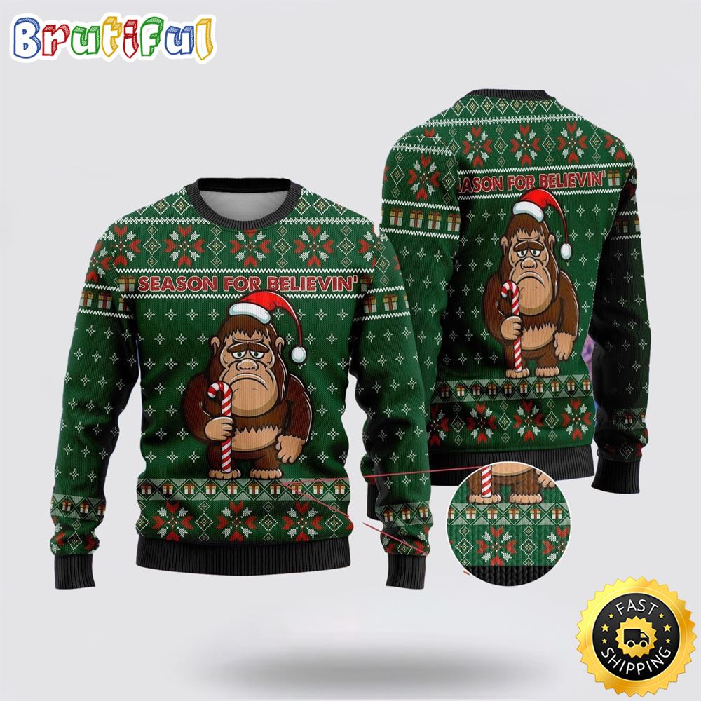 Sportswearmerch Bigfoot Season For Believin Green Pattern Christmas Sweater For Fan