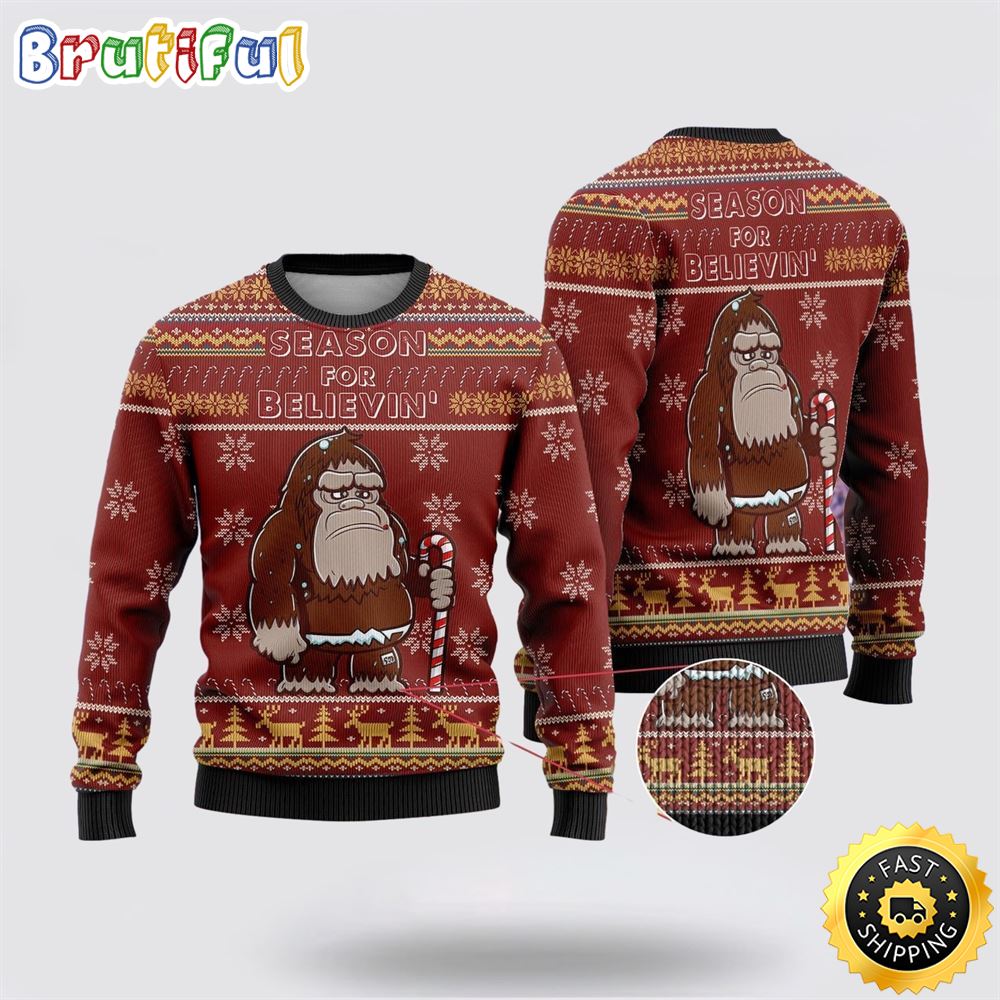 Sportswearmerch Bigfoot Season For Believin Red Pattern Christmas Sweater For Fan