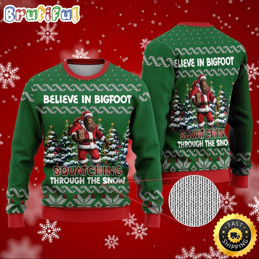 Sportswearmerch Bigfoot Squatching Through The Snow Christmas Sweater For Fan