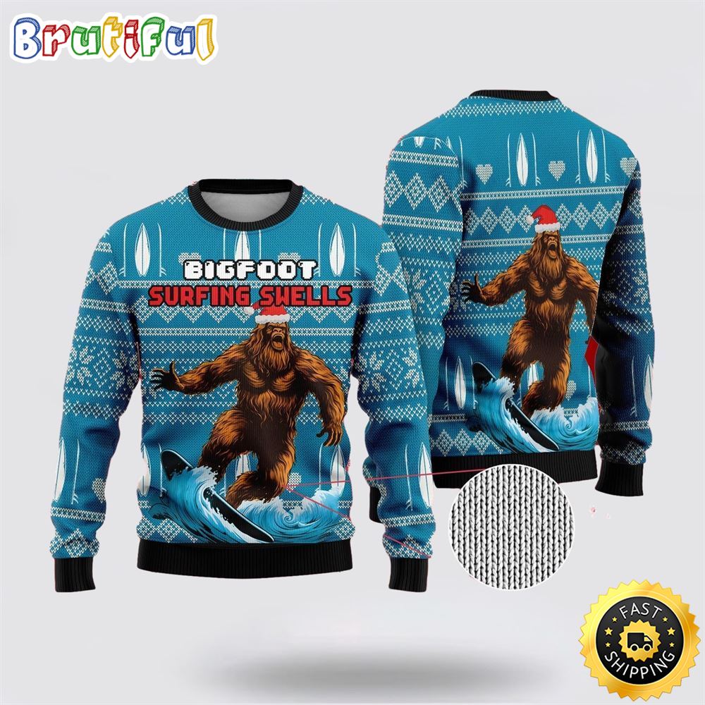 Sportswearmerch Bigfoot Surfing Swells Christmas Sweater For Fan