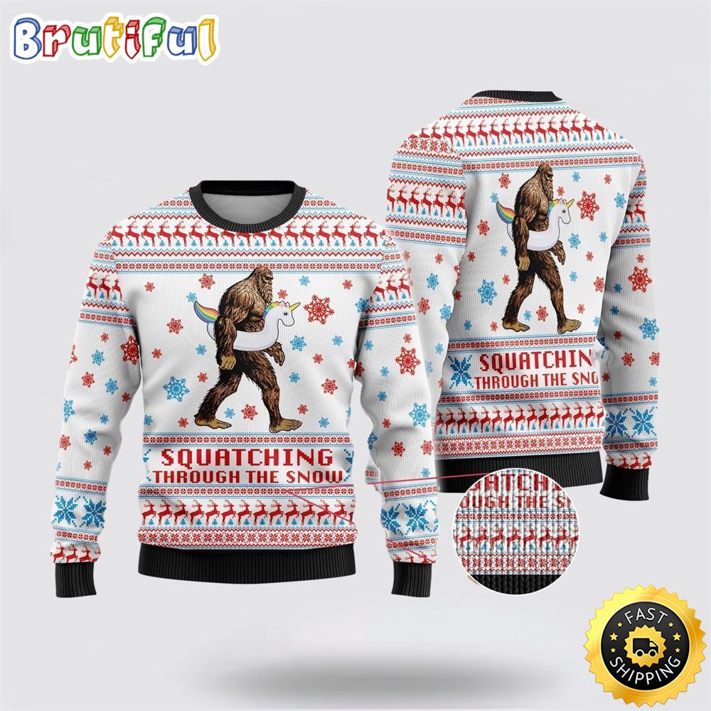 Sportswearmerch Bigfoot Unicorn Squatching Through The Snow Christmas Sweater For Fan