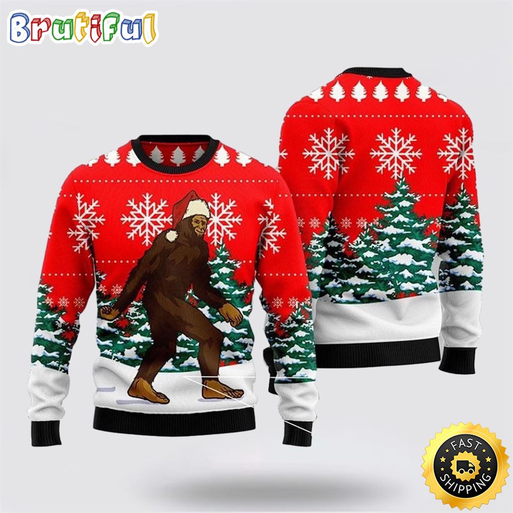 Sportswearmerch Bigfoot Walks Through The Christmas Pine Forest Christmas Sweater For Fan
