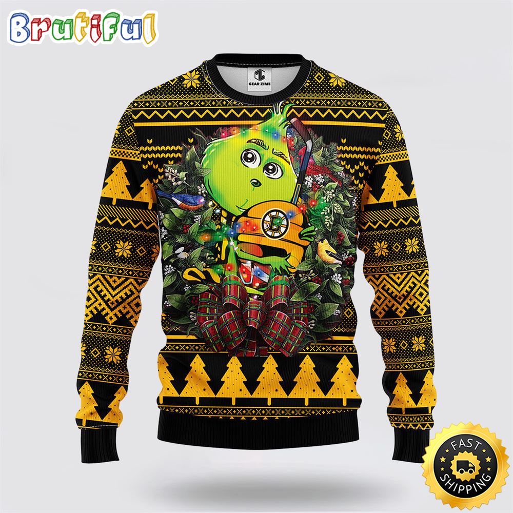 Sportswearmerch Boston Bruins NHL Grinch Hug Ugly Christmas Sweater For Fan