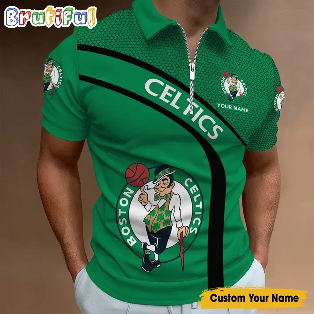Sportswearmerch Boston Celtics NBA Basketball Zipper Personalized Zip Polo Shirt For Fan
