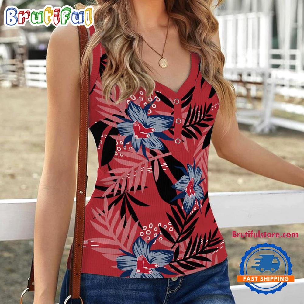 Sportswearmerch Boston Red Sox MLB Hibiscus Pattern Women's V-Neck Ribbed Tank Top For Fan