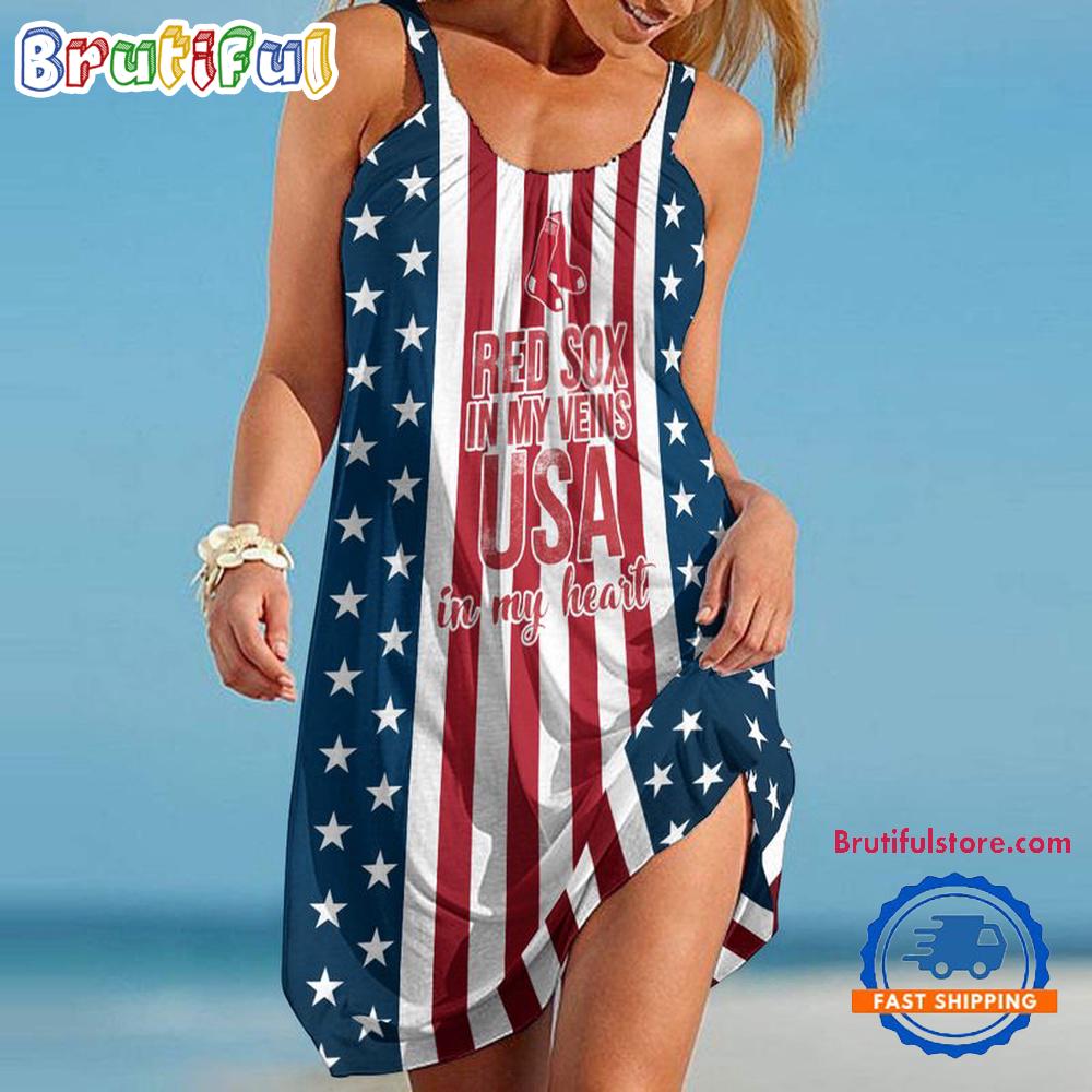 Sportswearmerch Boston Red Sox MLB Independence Day Women's Summer Beach Dress For Fan