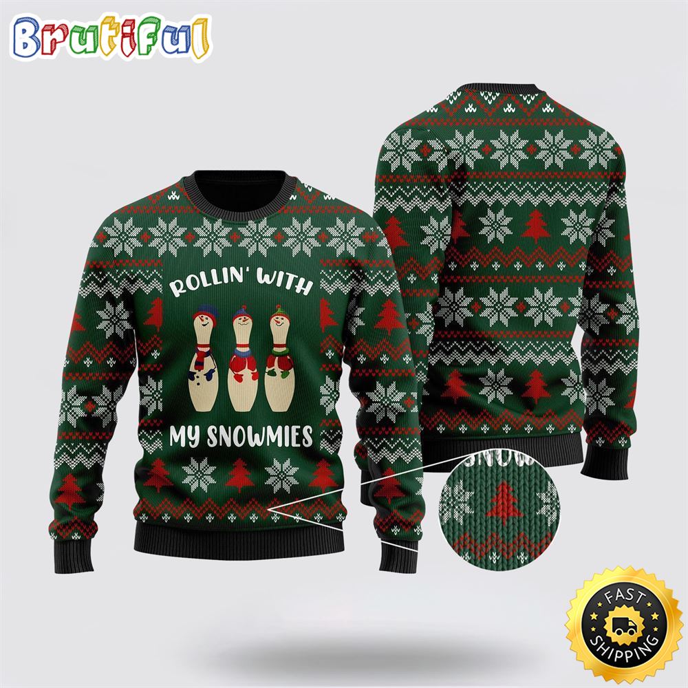 Sportswearmerch Bowling Rollin With My Snowmies Noel Pattern Christmas Sweater For Fan