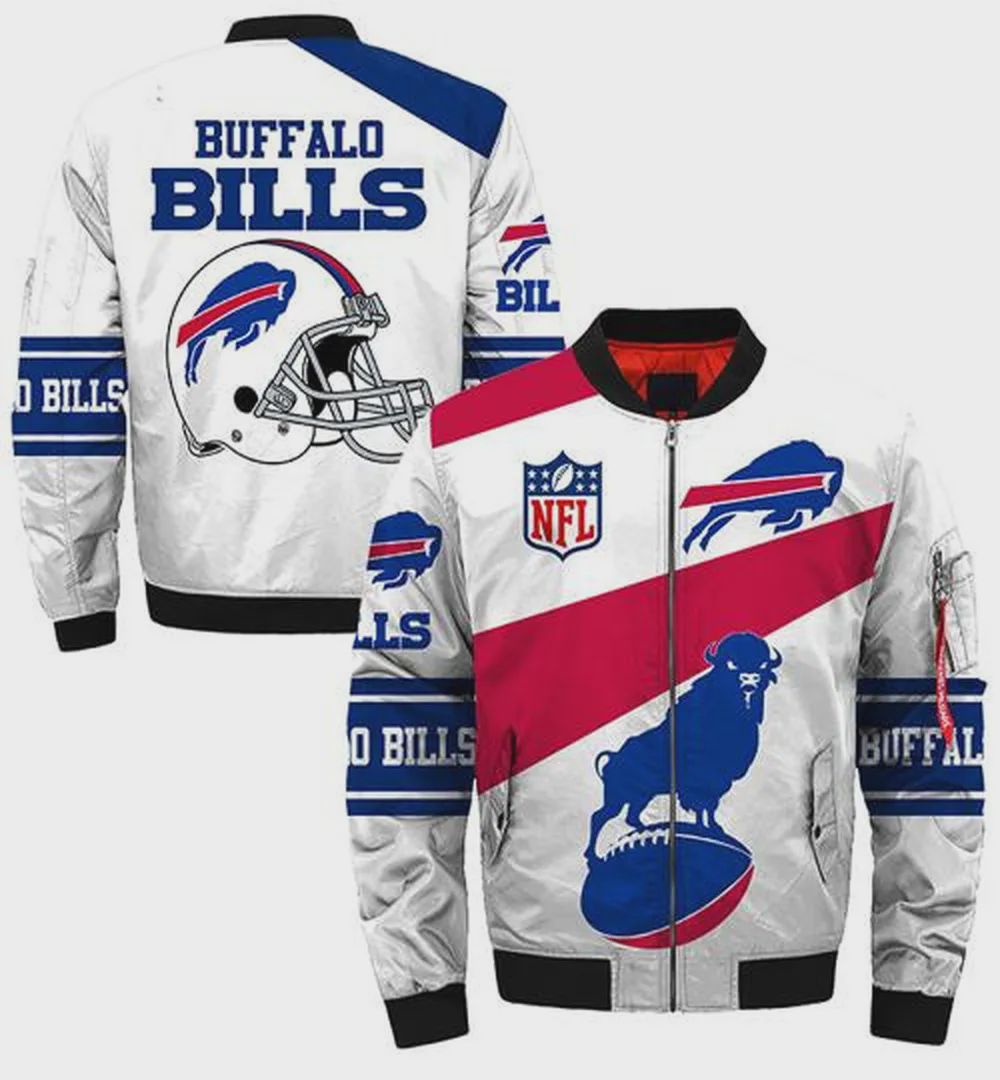 Sportswearmerch Buffalo Bills NFL Buffalo With Ball Helmet Pattern Bomber Jacket For Fan