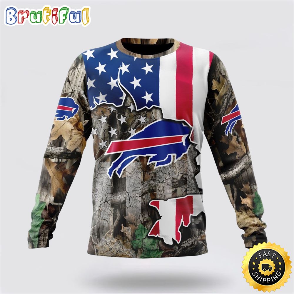 Sportswearmerch Buffalo Bills NFL Crewneck USA Flag Camo Realtree Hunting Personalized Sweater For Fan