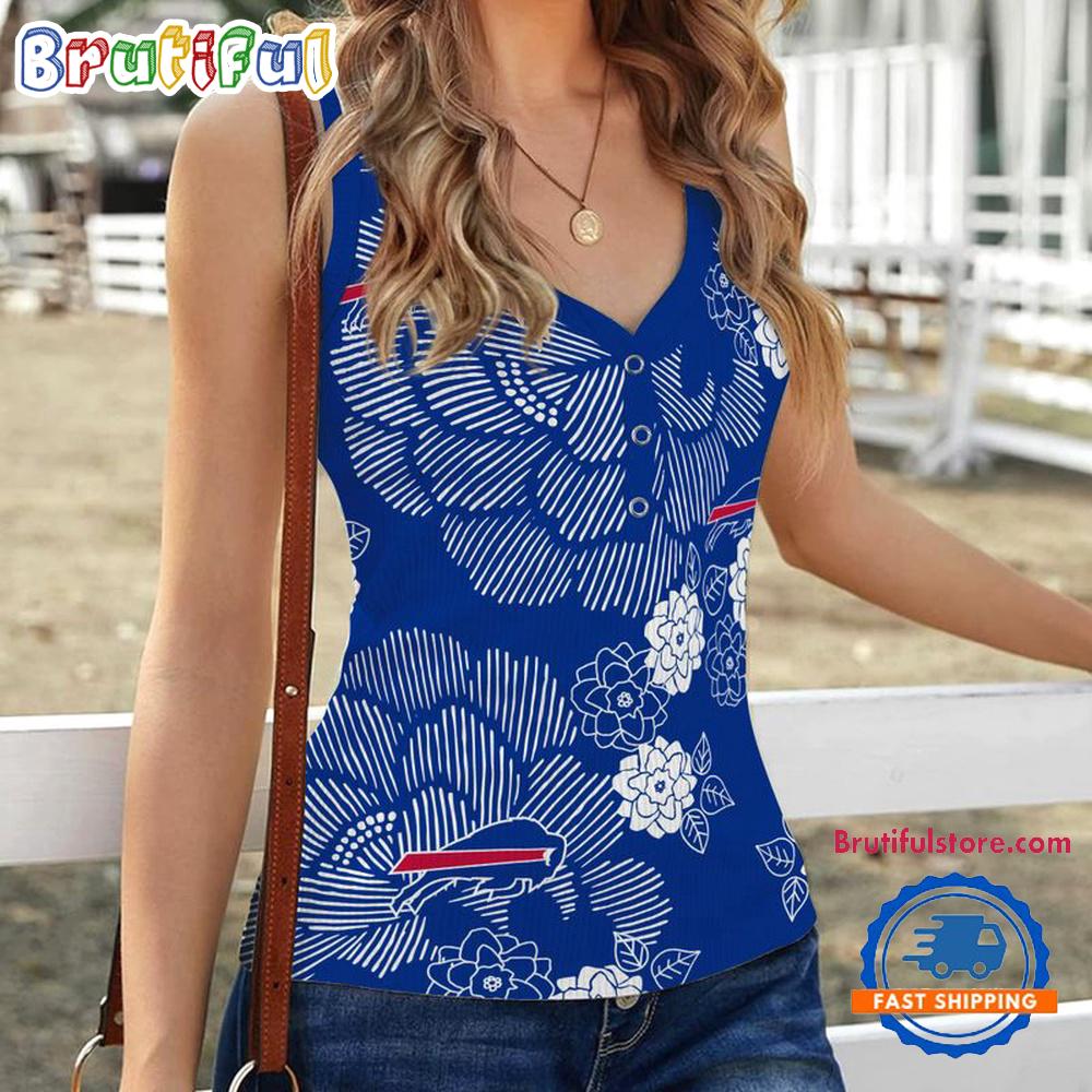 Sportswearmerch Buffalo Bills NFL Flower Pattern Women's V-Neck Ribbed Tank Top For Fan