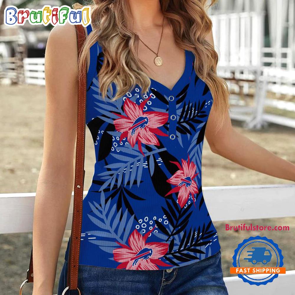 Sportswearmerch Buffalo Bills NFL Hibiscus Pattern Women's V-Neck Ribbed Tank Top For Fan