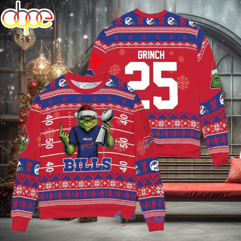Sportswearmerch Buffalo Bills NFL x Grinch Super Bowl Trophy Ugly Christmas Sweater For Fan