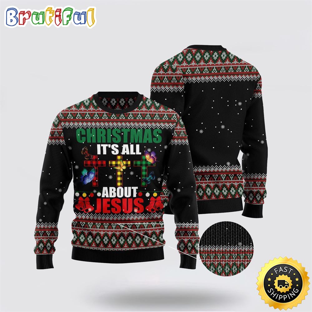Sportswearmerch Butterfly All About Jesus Christmas Sweater For Fan