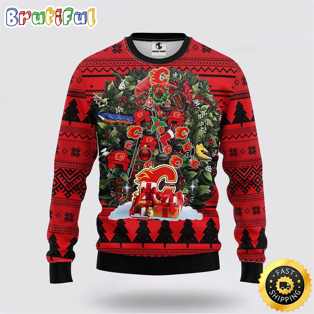 Sportswearmerch Calgary Flames NHL Christmas Tree Ugly Christmas Fleece Sweater For Fan