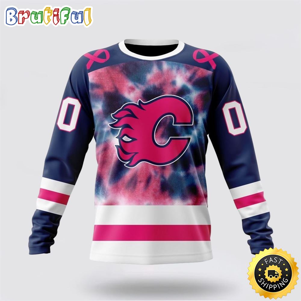 Sportswearmerch Calgary Flames NHL Crewneck Pink October Fight Breast Cancer Personalized Sweater For Fan