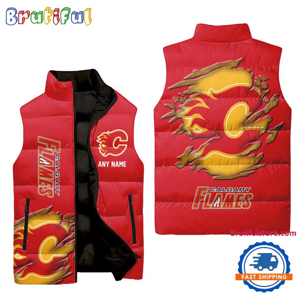 Sportswearmerch Calgary Flames NHL Personalized Sleeveless Puffer Jacket For Fan