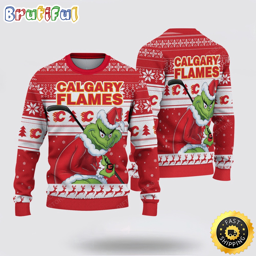 Sportswearmerch Calgary Flames NHL Sweater Grinch Personalized Christmas Sweater For Fan