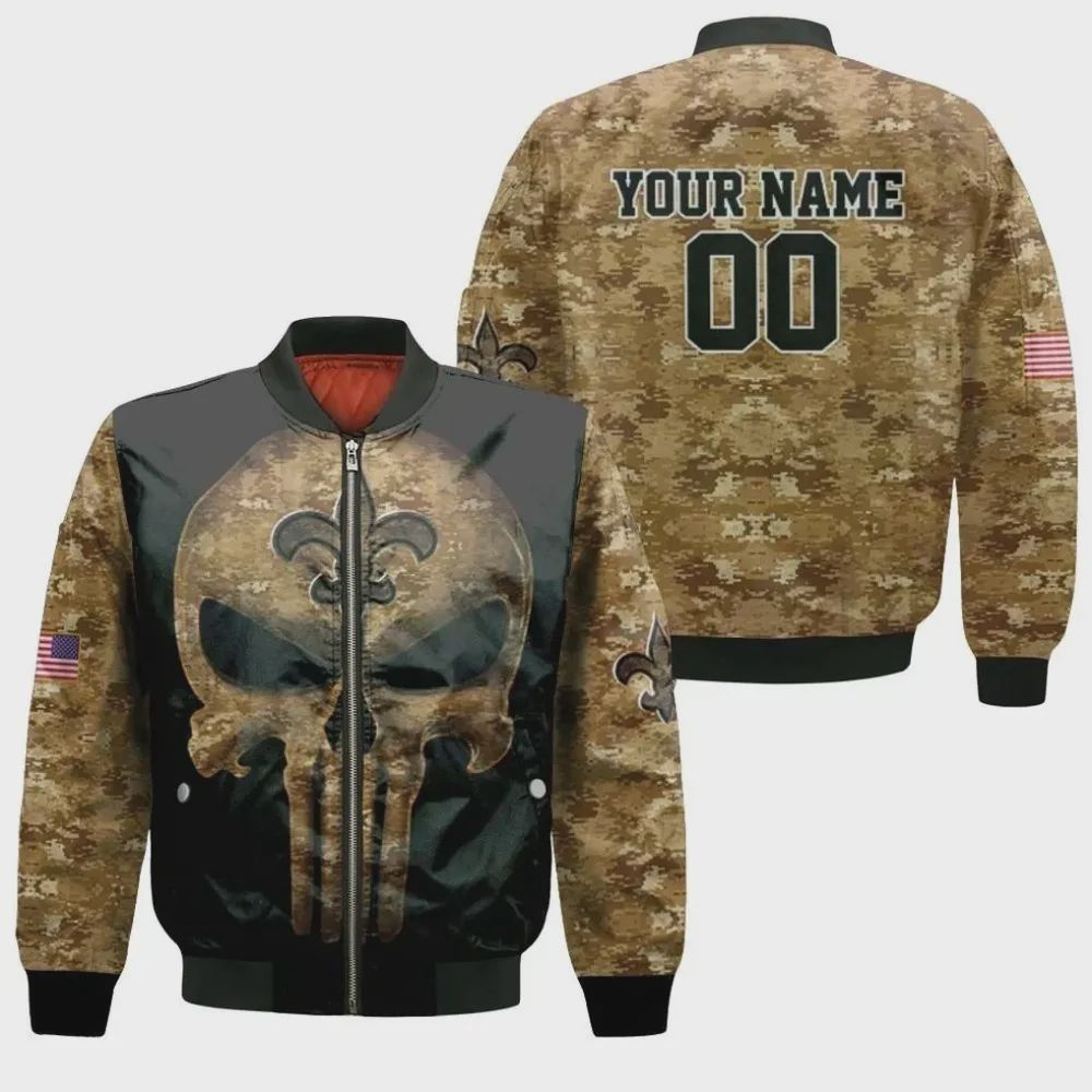 Sportswearmerch Camouflage Skull New Orleans Saints NFL American Flag Pattern Bomber Jacket For Fan