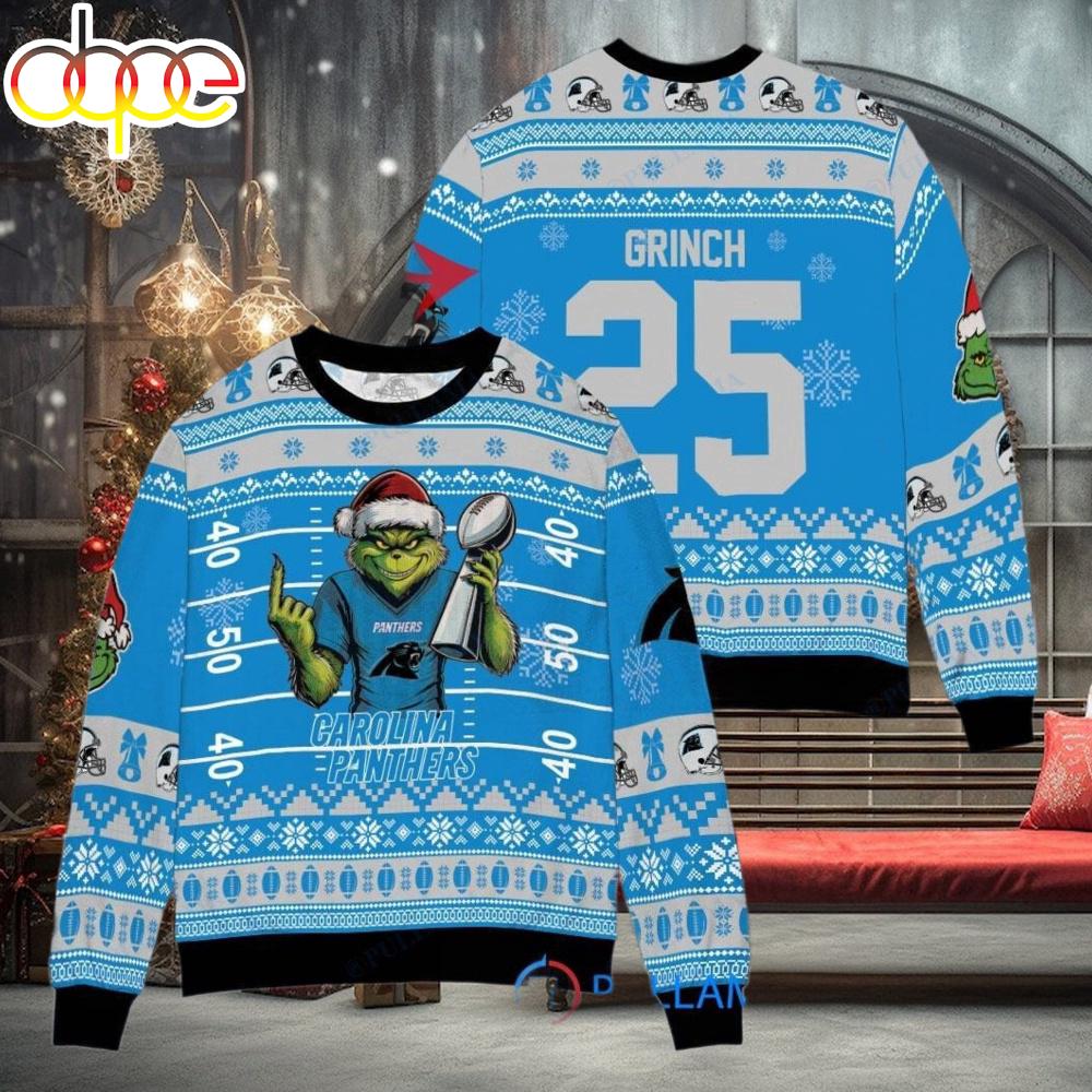 Sportswearmerch Carolina Panther NFL x Grinch Super Bowl Trophy Ugly Christmas Sweater For Fan