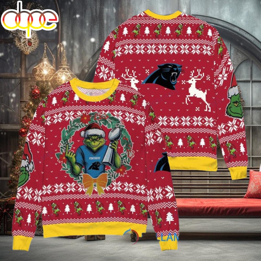 Sportswearmerch Carolina Panther NFL x Grinch Super Bowl Trophy Ugly Christmas Sweater For Fan