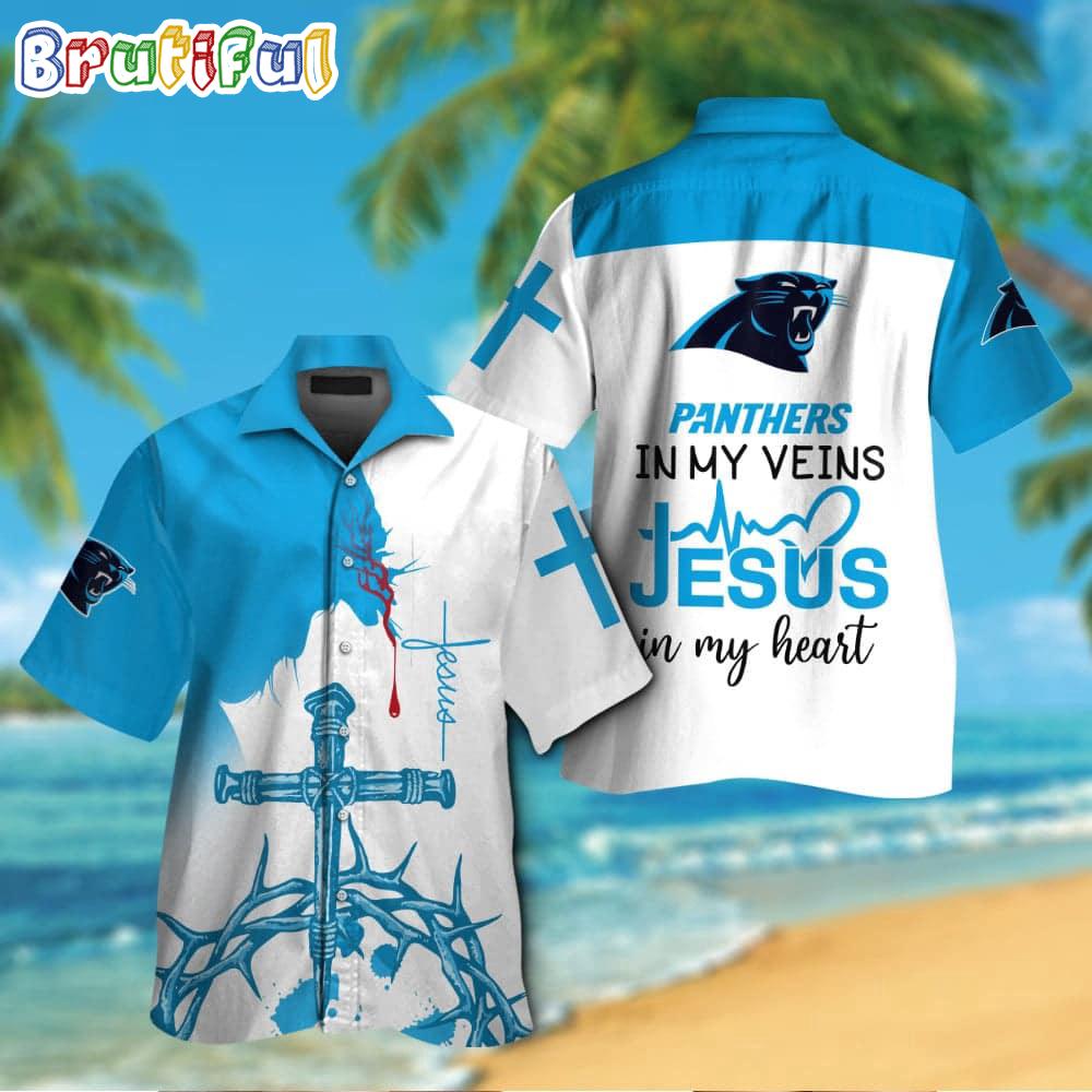 Sportswearmerch Carolina Panthers In My Veins Jesus Personalized Hawaiian Shirt For Fan
