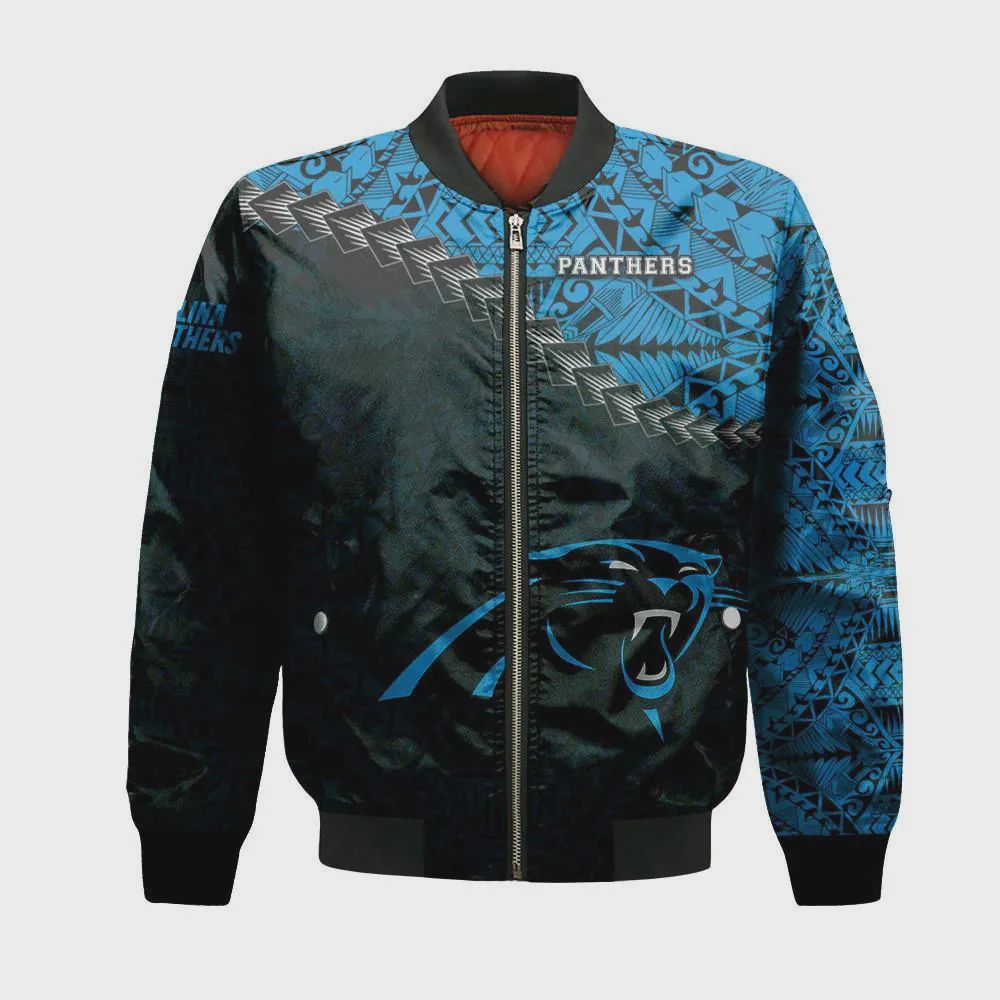 Sportswearmerch Carolina Panthers NFL Grunge Polynesian Tattoo Bomber Jacket For Fan