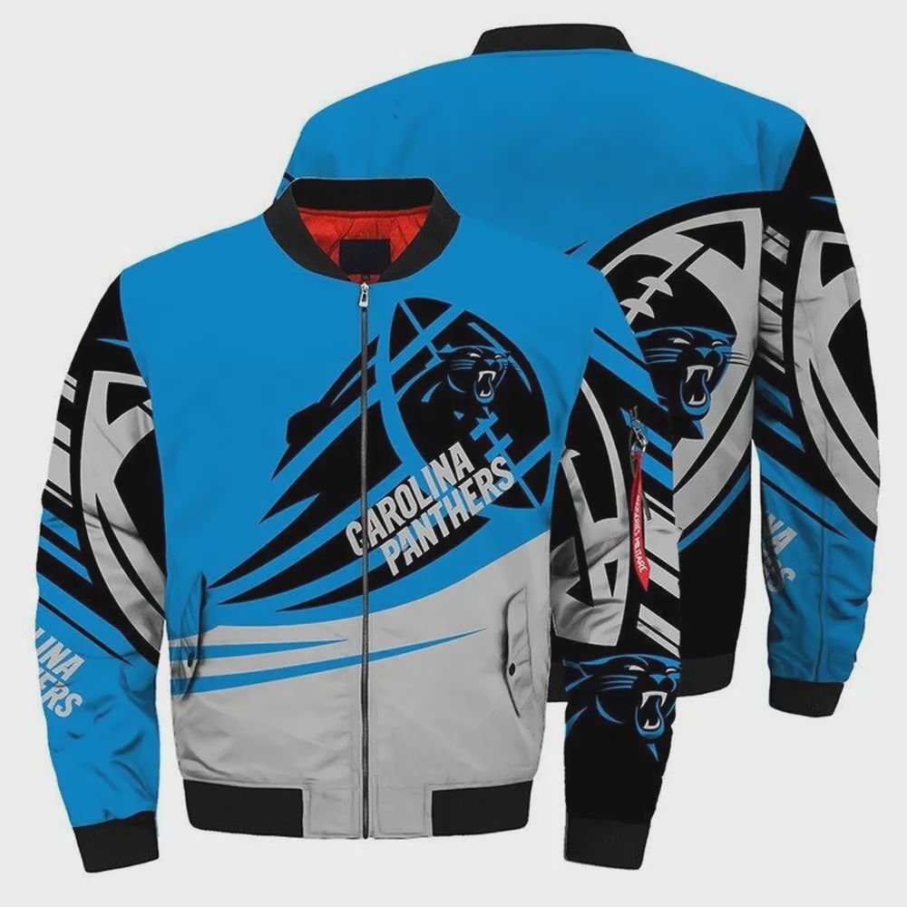 Sportswearmerch Carolina Panthers NFL Ultra-Balls Pattern Bomber Jacket Grey For Fan