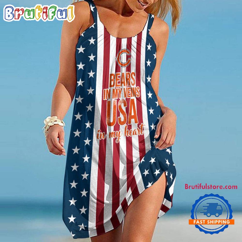 Sportswearmerch Chicago Bears NFL Independence Day Women's Summer Beach Dress For Fan