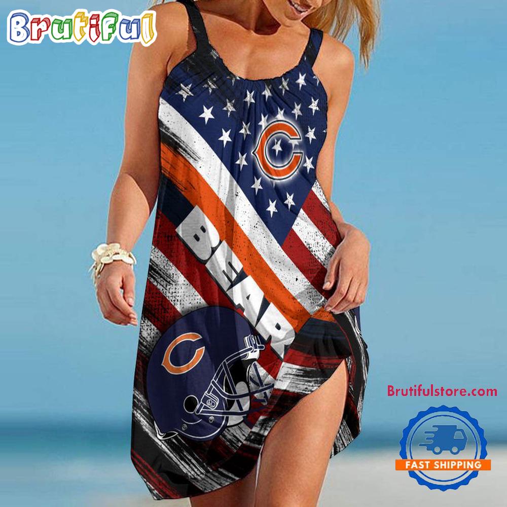 Sportswearmerch Chicago Bears NFL USA Independence Day Women's Summer Beach Dress For Fan
