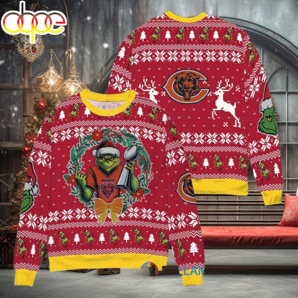 Sportswearmerch Chicago Bears NFL x Grinch Super Bowl Trophy Ugly Christmas Sweater For Fan