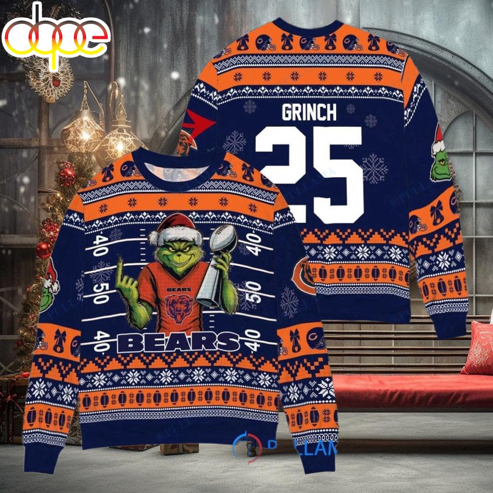 Sportswearmerch Chicago Bears NFL x Grinch Super Bowl Trophy Ugly Christmas Sweater For Fan