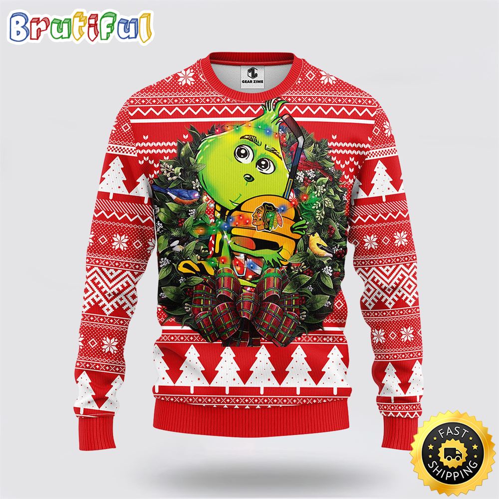 Sportswearmerch Chicago Blackhawks NHL Grinch Hug Ugly Christmas Sweater For Fan