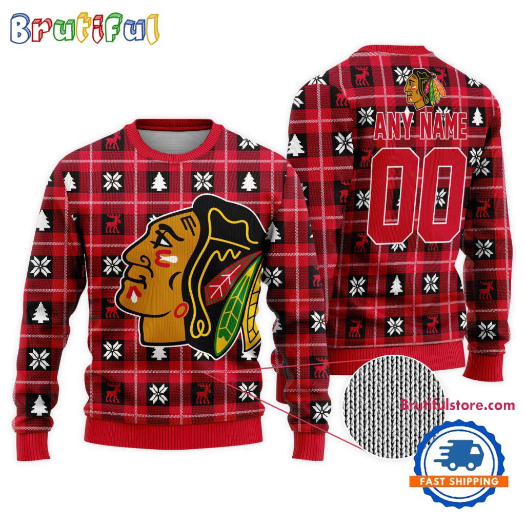 Sportswearmerch Chicago Blackhawks NHL Personalized Snow Tree Ugly Christmas Sweater For Fan