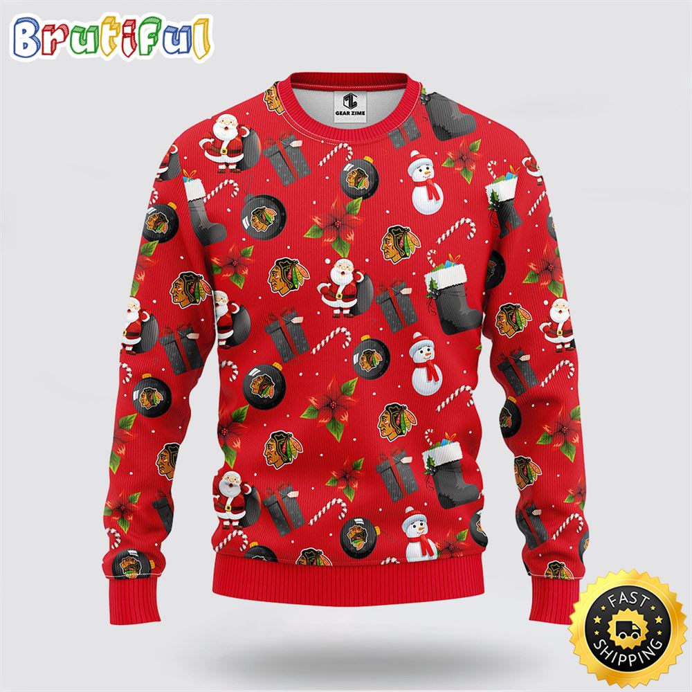 Sportswearmerch Chicago Blackhawks NHL Santa Claus Snowman Ugly Christmas Sweater For Fan