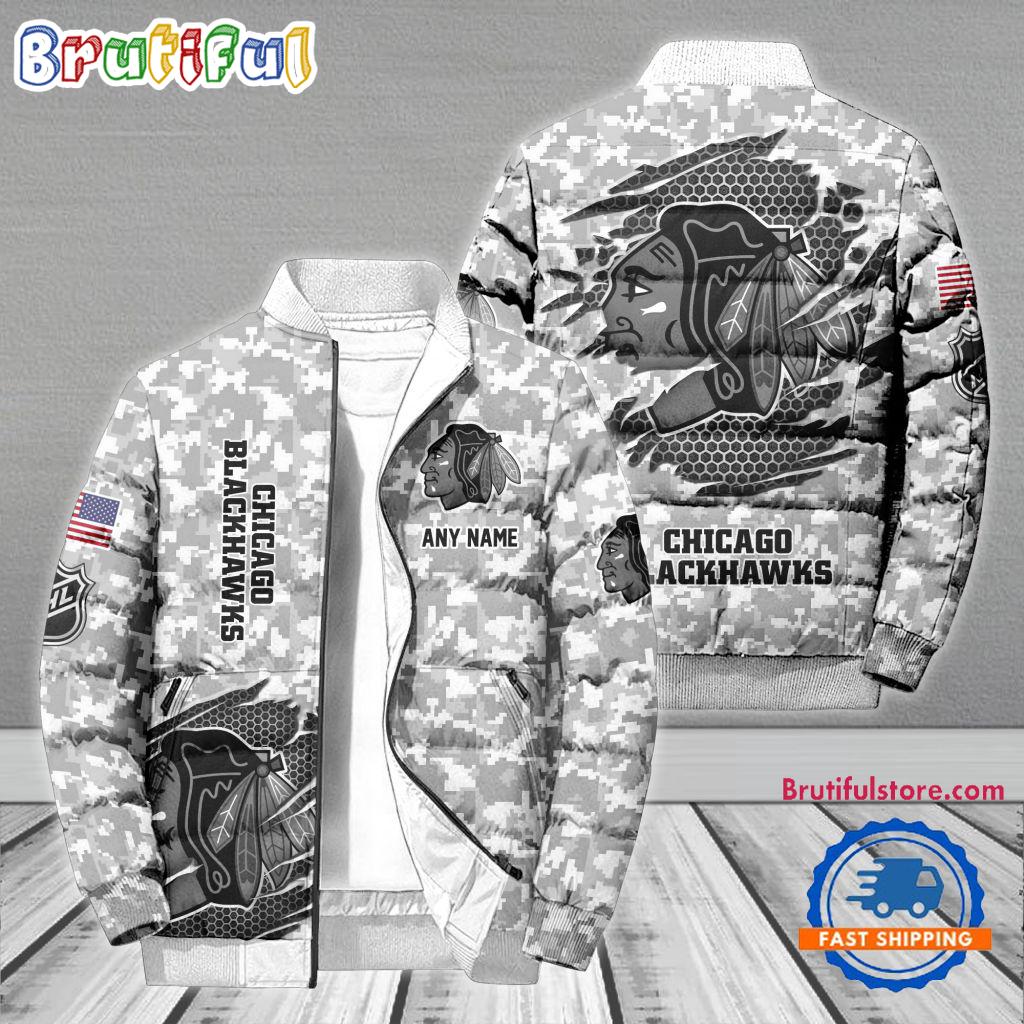 Sportswearmerch Chicago Blackhawks NHL Special Camo Honor Veterans Puffer Jacket For Fan