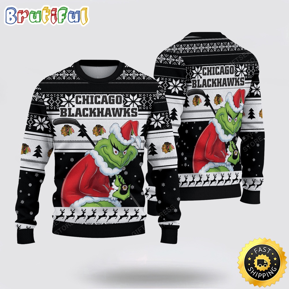 Sportswearmerch Chicago Blackhawks NHL Sweater Grinch Personalized Christmas Sweater For Fan