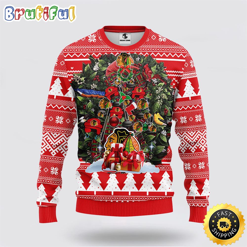 Sportswearmerch Chicago Blackhawks NHL Tree Ball Christmas Red Ugly Sweater For Fan