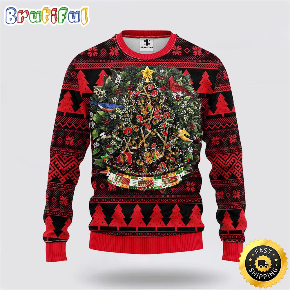 Sportswearmerch Chicago Blackhawks NHL Tree Ball Ugly Christmas Sweater For Fan