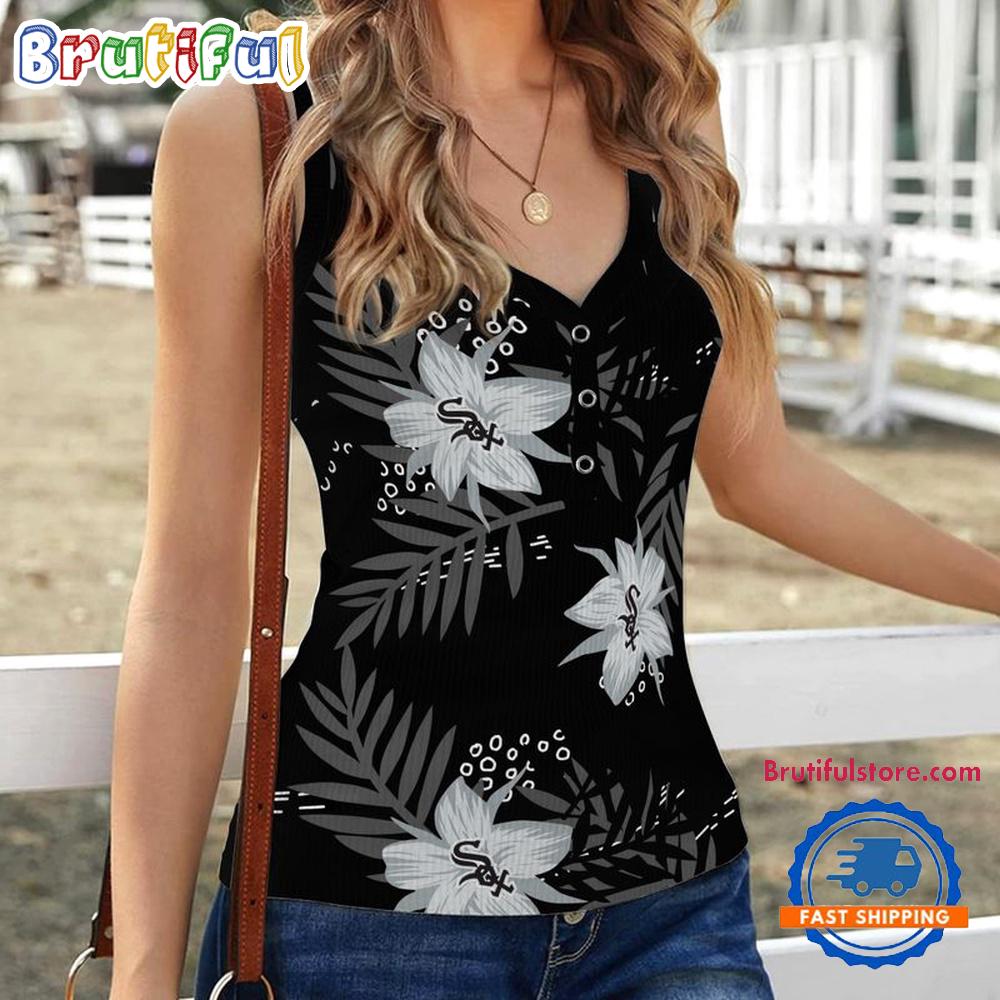 Sportswearmerch Chicago White Sox MLB Hibiscus Pattern Women's V-Neck Ribbed Tank Top For Fan