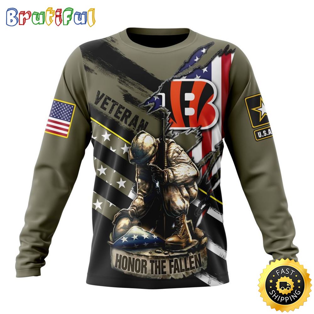 Sportswearmerch Cincinnati Bengals NFL Crewneck Honor Veterans Kneeling Soldier Personalized Sweater For Fan