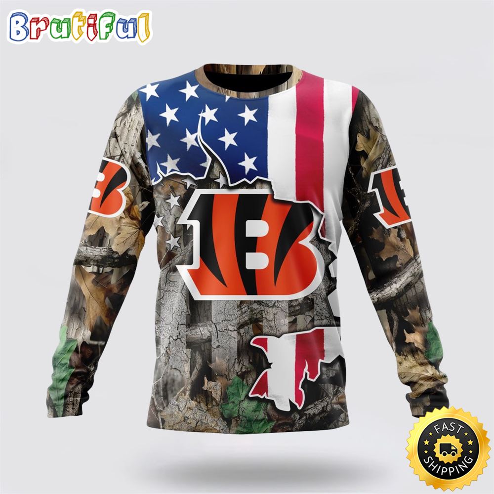 Sportswearmerch Cincinnati Bengals NFL Crewneck USA Flag Camo Realtree Hunting Personalized Sweater For Fan