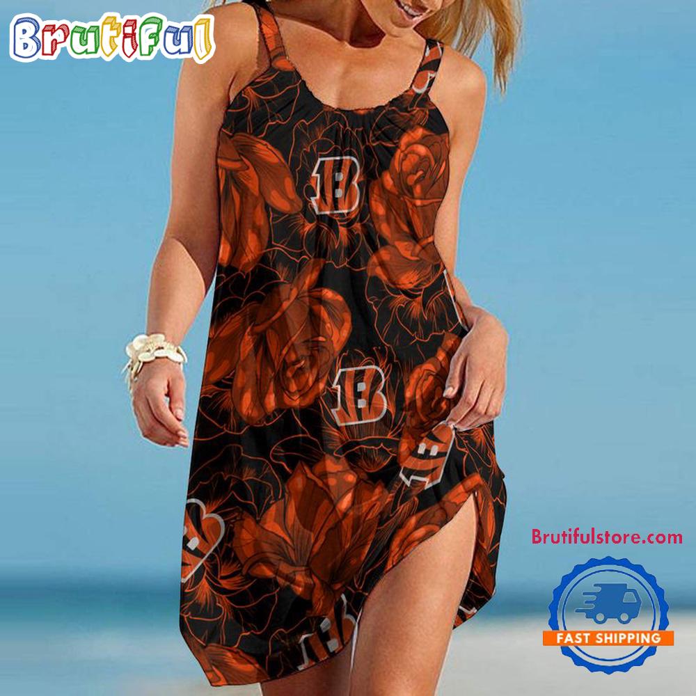 Sportswearmerch Cincinnati Bengals NFL Flower Pattern Women’s Summer Beach Dress For Fan