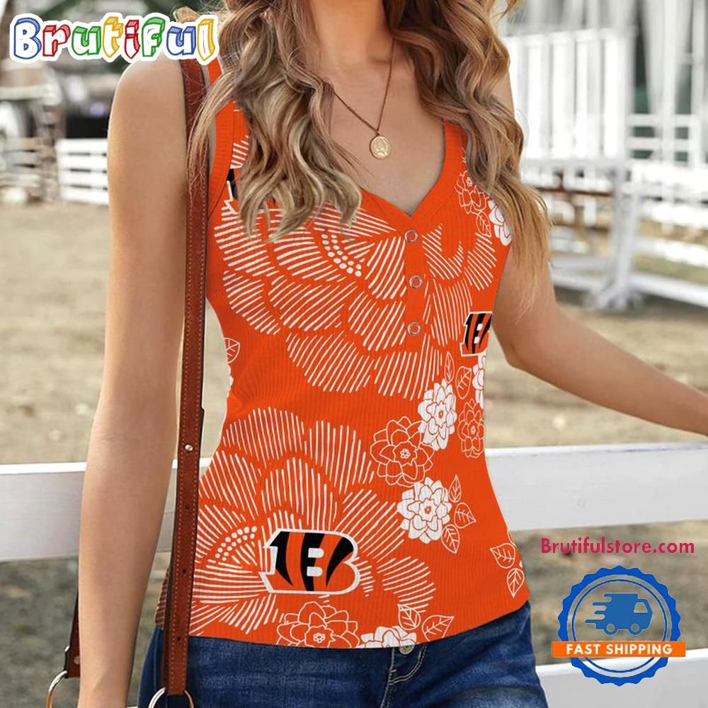 Sportswearmerch Cincinnati Bengals NFL Flower Pattern Women's V-Neck Ribbed Tank Top For Fan