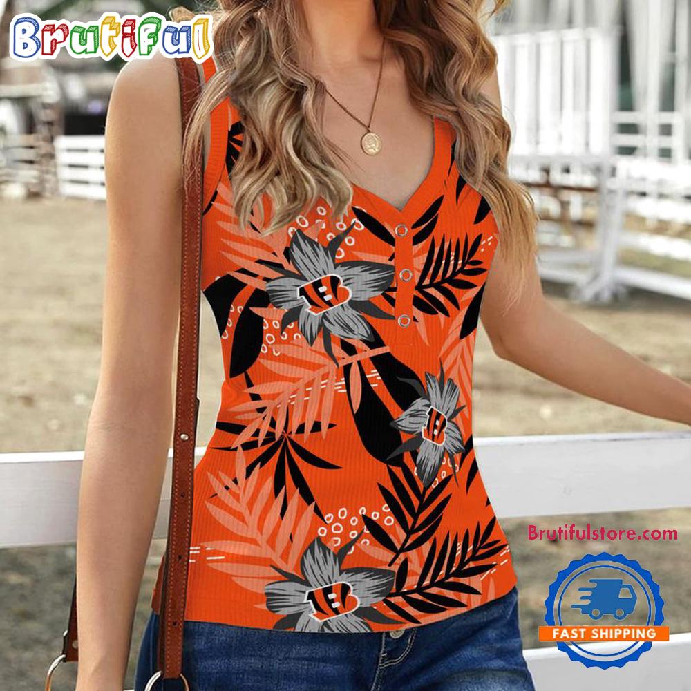 Sportswearmerch Cincinnati Bengals NFL Hibiscus Pattern Women's V-Neck Ribbed Tank Top For Fan