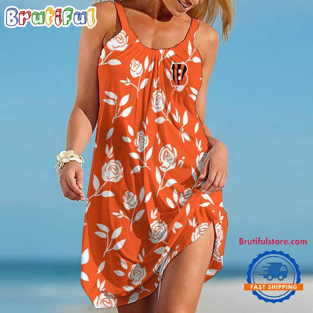 Sportswearmerch Cincinnati Bengals NFL Rose Pattern Women’s Summer Beach Dress For Fan